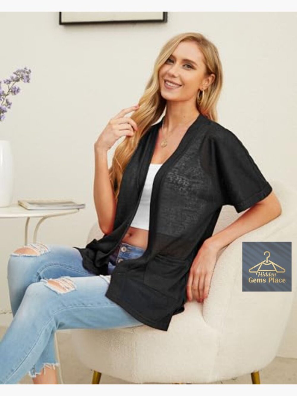 Lightweight Knit Cardigan with Pockets Short Sleeve Sheer Cover Up - Picture 3 of 7